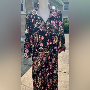 Torrid long polka-dot and flowers dress with tie- belt.